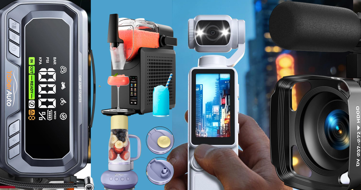 A collection of Amazon gadgets including a portable jump starter with air compressor, frozen drink blender, compact travel blender, rotating-lens pocket video recorder, and an 8K vlogging camera with microphone.