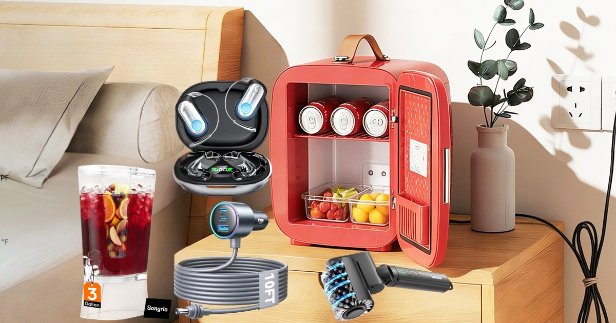 A lifestyle gadget showcase featuring a pair of electric stainless steel salt and pepper grinders on a dining table, and a mini security camera being held next to a smartphone displaying a live home monitor feed.