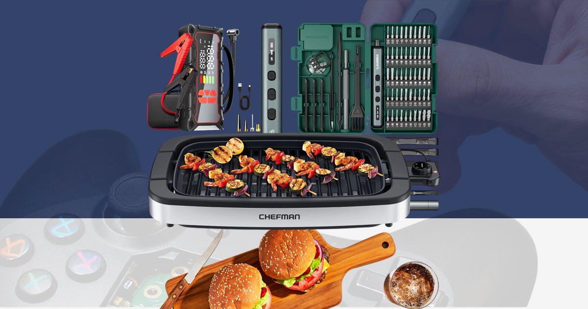 New Amazon gadget releases including a Chefman smokeless indoor grill, portable jump starter with air compressor, and STREBITO mini electric screwdriver kit displayed together.