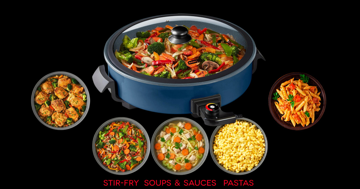 DASH blue electric ceramic skillet with a tempered glass lid, filled with colorful stir-fried vegetables. Surrounding dishes display chicken, vegetable stir-fry, soup, macaroni and cheese, and pasta, illustrating the skillet's versatility for preparing family meals.