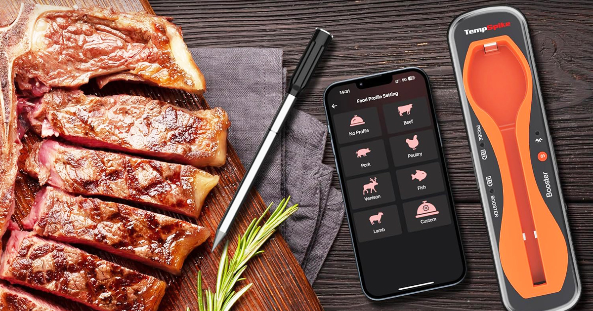 A smart meat thermometer beside a rack of meat, showcasing a game-changing Amazon kitchen gadget in use.