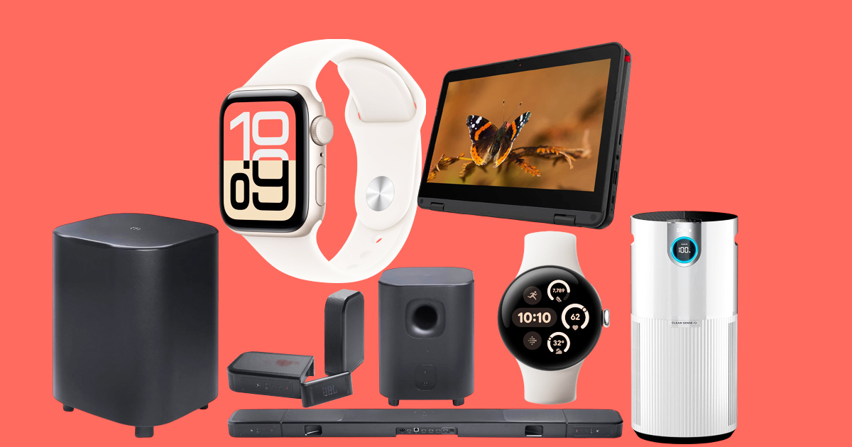 Amazon Renewed tech gadgets including an Apple Watch, JBL soundbar, and Shark air purifier displayed together.