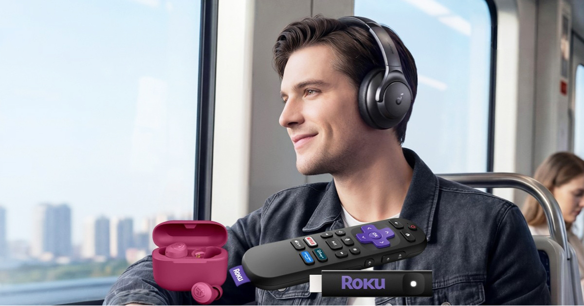 Top Amazon best-selling electronics including true wireless earbuds, Roku Streaming Stick HD 2025, and a pair of headphones