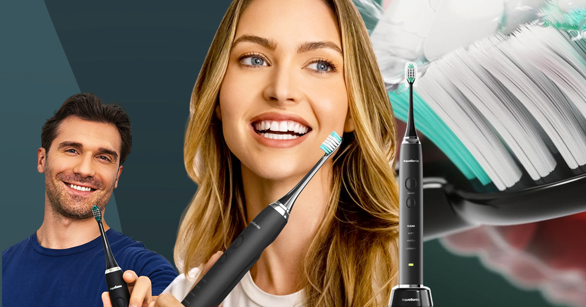 Smiling man and woman using the Aquasonic Black Series ultra whitening electric toothbrush alongside a close-up of the toothbrush head and sleek waterproof handle.