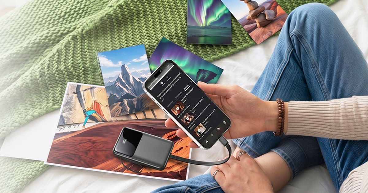 Person charging a smartphone with a compact portable power bank while relaxing, highlighting a lightweight travel charger with fast charging for everyday use and travel.