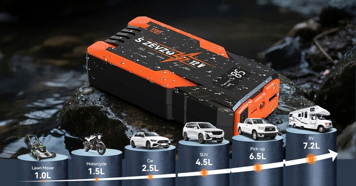 S ZEVZO 5000A jump starter battery pack shown on wet rocks, with vehicle illustrations highlighting its compatibility with lawnmowers, motorcycles, cars, SUVs, pickup trucks and RVs.