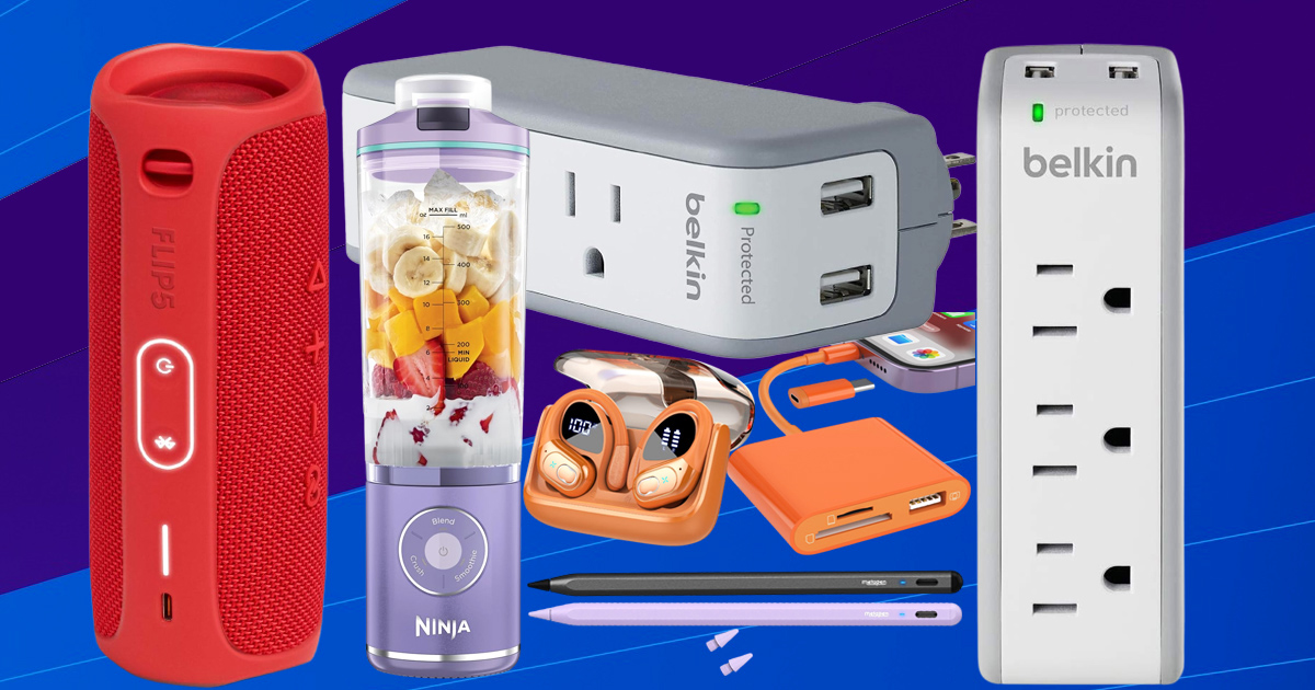 Collection of back-to-school and everyday tech gadgets including a JBL Flip 5 Bluetooth speaker, Ninja portable blender, Belkin surge protector, wireless earbuds, portable power bank, and digital stylus pens for students, travelers, and home use.