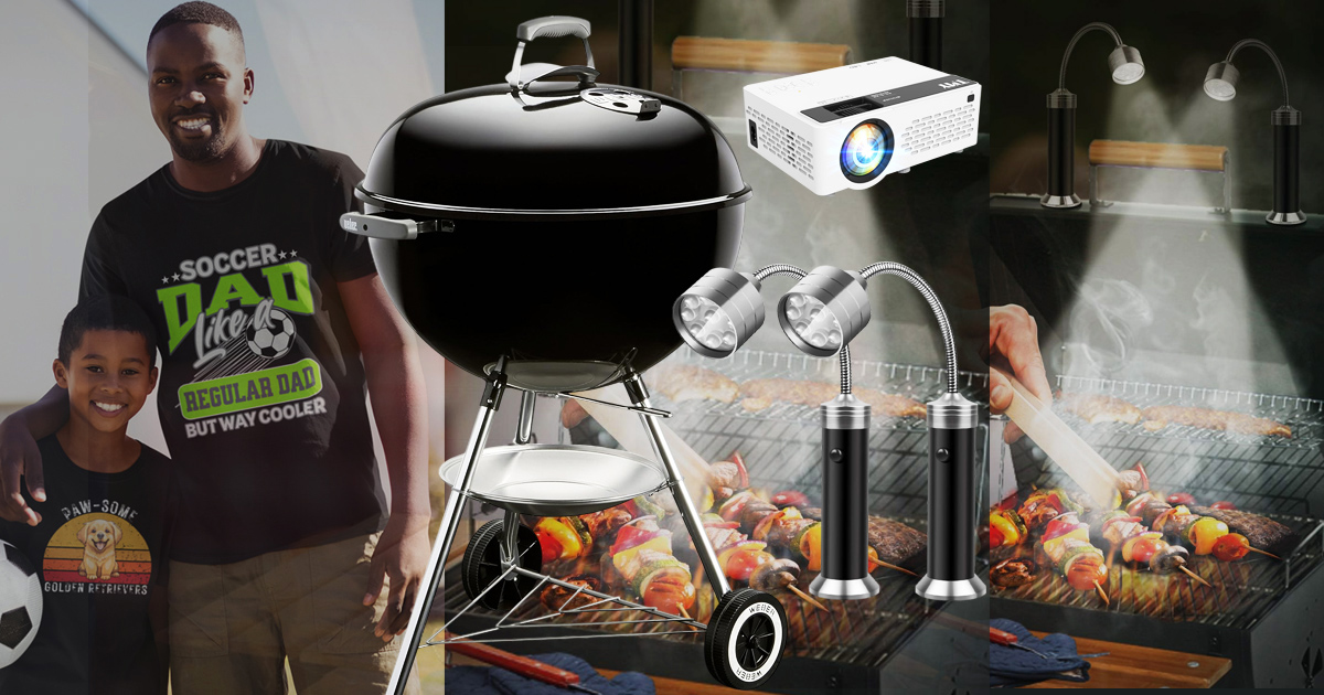 Father and son beside grilling gadgets, outdoor barbecue setup, portable projector, and Father's Day gift ideas for gadget-loving dads.