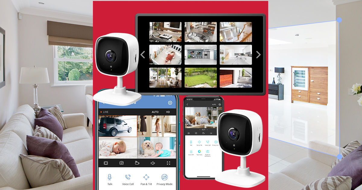 Tapo C100 indoor security camera displayed with a smart home monitoring screen and mobile app, featuring baby monitoring, dog monitoring, live video feeds, and home security controls.