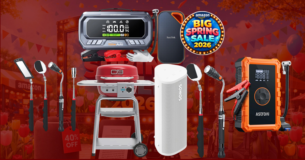 Amazon Big Spring Sale 2026 gadget deals featuring outdoor grill, portable speaker, SSD, jump starter, and tech accessories in a vibrant promotional collage