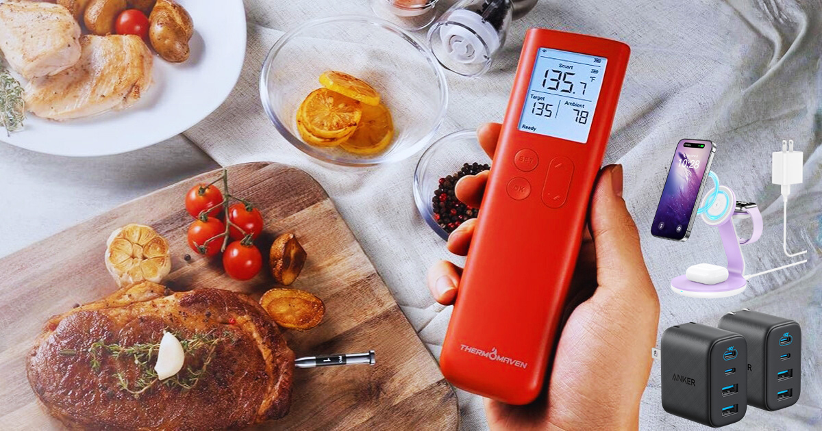 Hand holding a red smart wireless meat thermometer over a grilled steak on a wooden cutting board, with side dishes and spices nearby, alongside a compact 3-in-1 magnetic charging station and dual-port USB charger blocks displayed to the right.