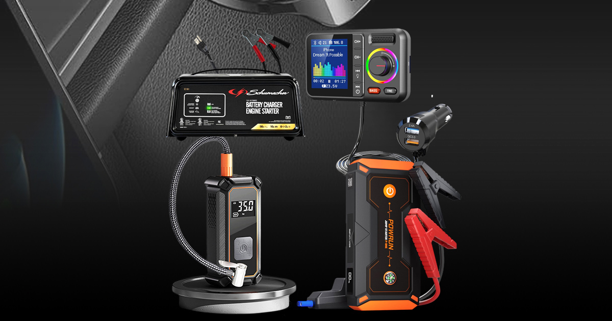Smart car gadget deals featuring a Schumacher battery charger and engine starter, portable tire inflator, jump starter power bank, Bluetooth FM transmitter, and USB car charger inside a modern vehicle interior.