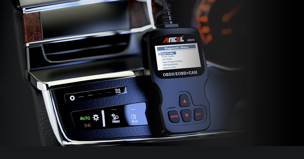 ANCEL AD310 OBD II scanner and engine code reader plugged into a modern vehicle dashboard displaying diagnostic menu options.