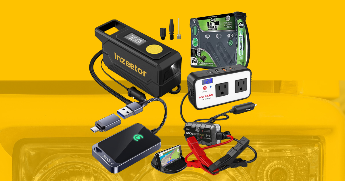 A curated selection of 8 essential premium road trip gadgets for cars and SUVs, featuring adventure gear and safety tools from Travelwith2ofus.