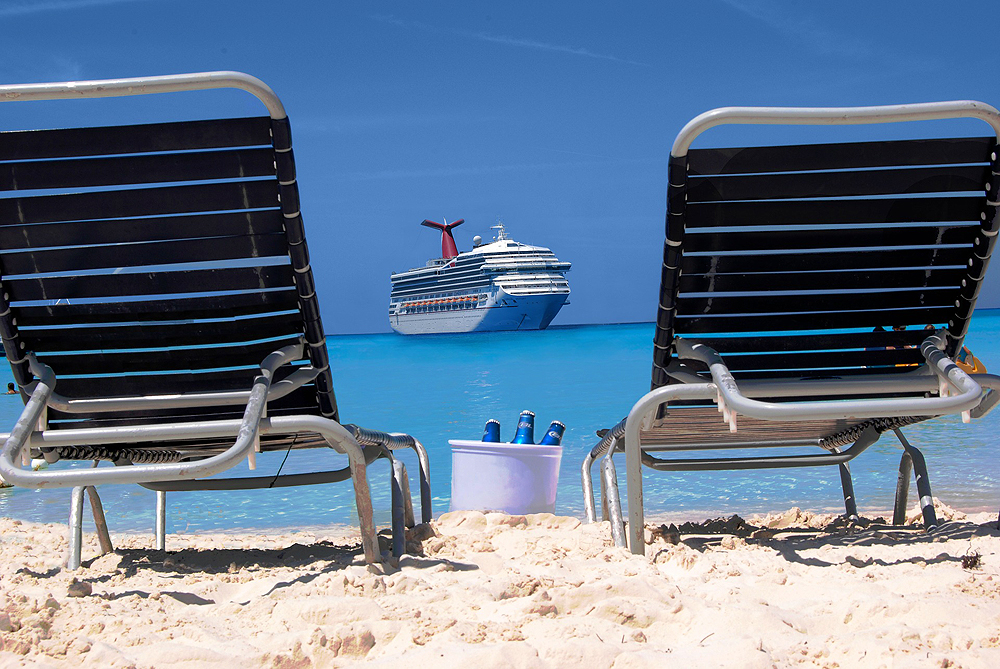 Carnival Cruise ship, beach chairs and beers