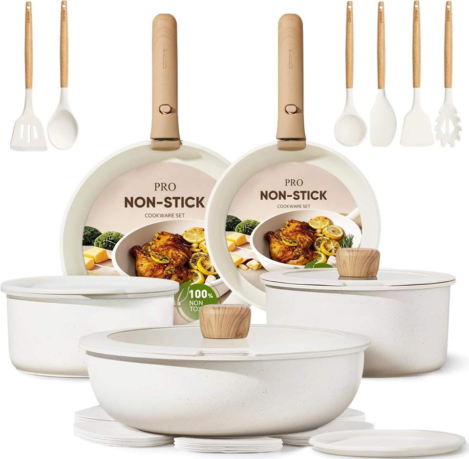 CAROTE cream-colored non-stick pots and pans set with removable handles stacked for compact RV and small kitchen storage.