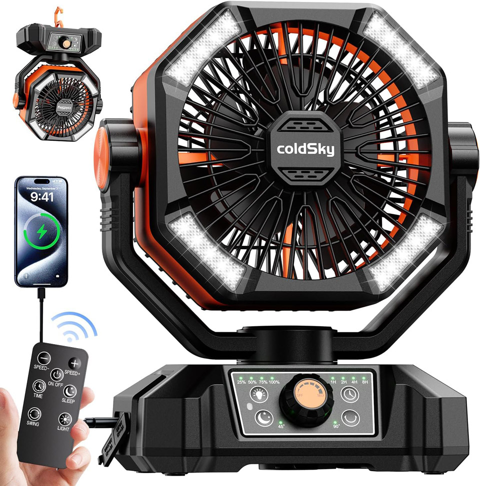 coldSky Portable Rechargeable Camping And Indoor Fan With 4-LED Lantern