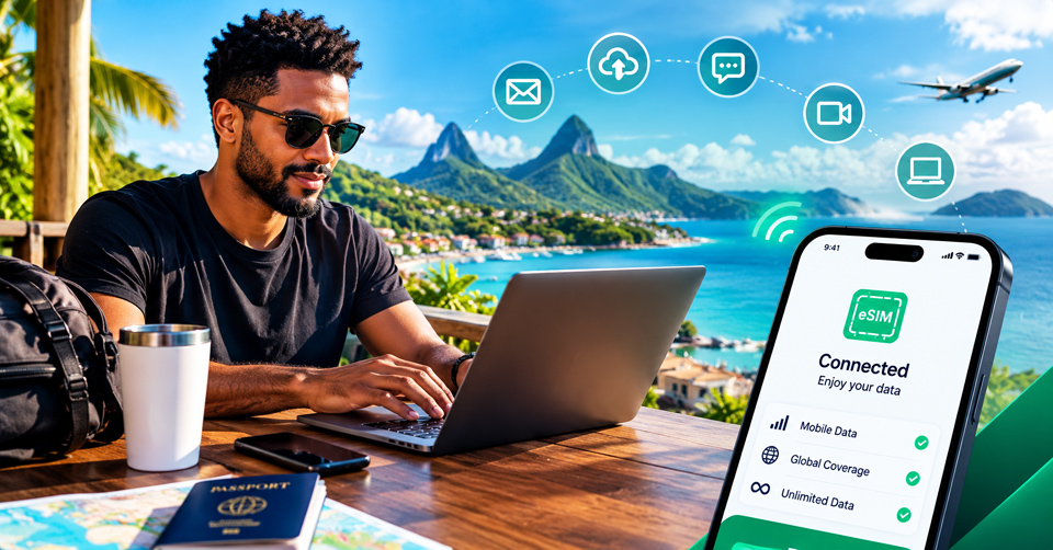 Remote worker using a laptop on a tropical seaside terrace, with a smartphone displaying an eSIM connection screen, mobile data indicators, travel essentials and communication icons, overlooking turquoise water and green coastal mountains