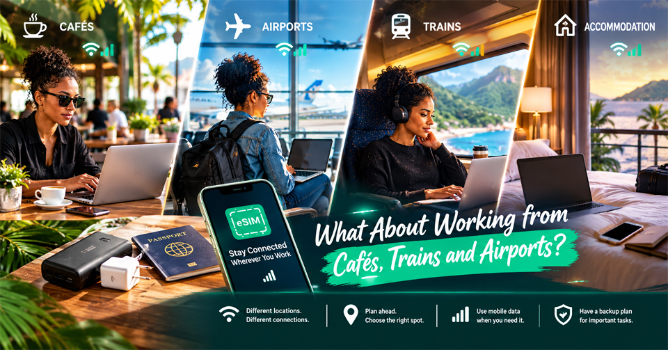 Remote worker using a laptop across a café, airport, train and coastal accommodation, with Wi-Fi and mobile signal icons illustrating changing connectivity. A smartphone displays an eSIM connection screen, alongside travel essentials and a reminder to plan ahead and keep a backup connection for important work.