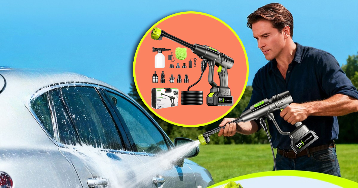 Cordless power washer on sale cleaning a car outdoors, featuring spray attachments, battery pack, and portable pressure washer accessories