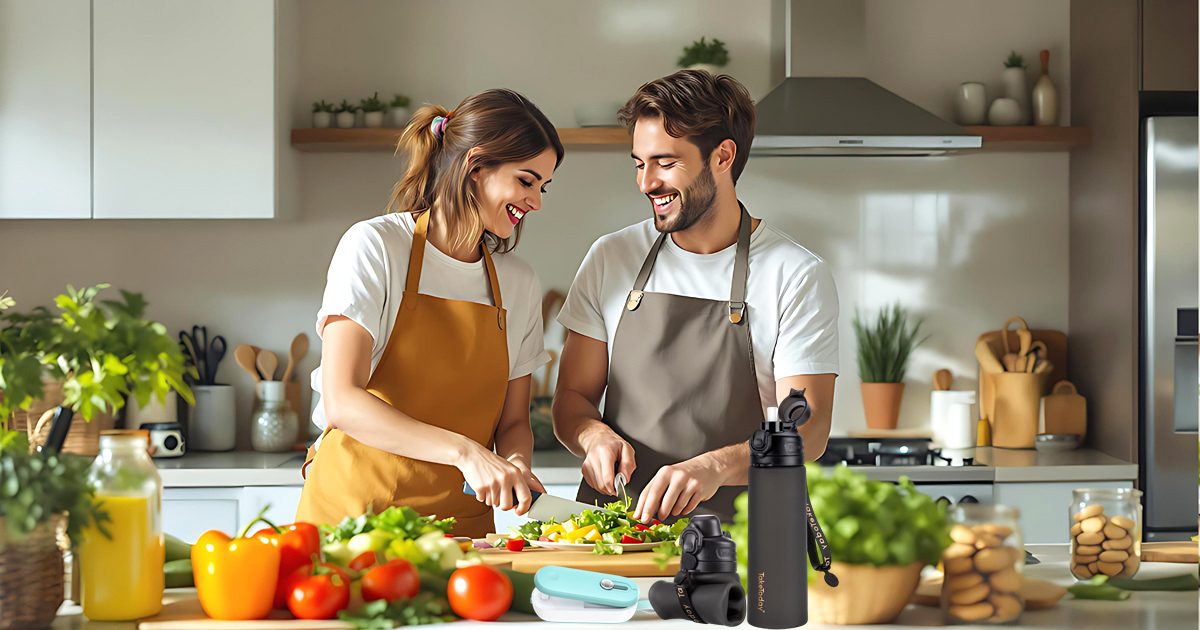 Couple in their kitchen cooking