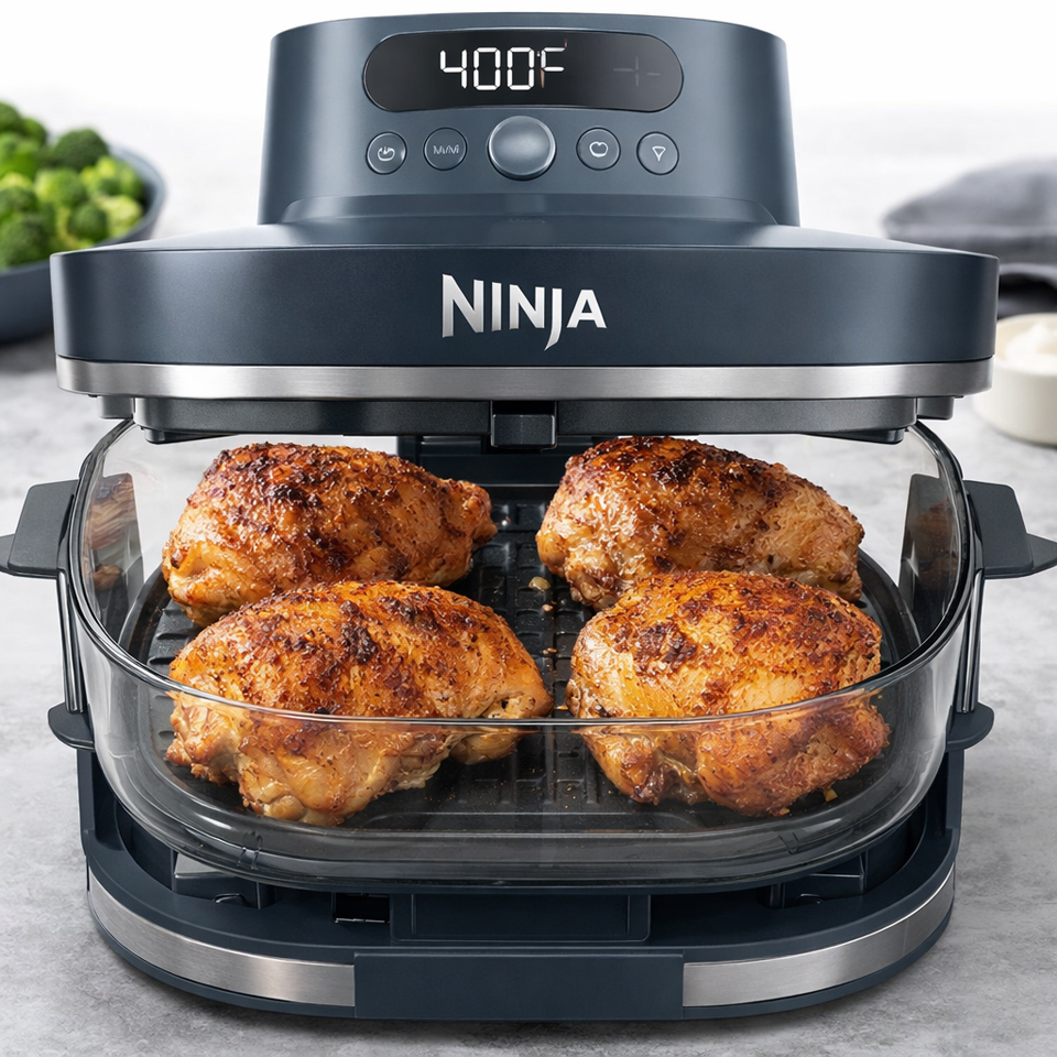 Crispy chicken thighs cooked in a Ninja Crispi fryer.