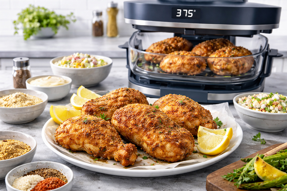 Crispy chicken thighs with herb garnish