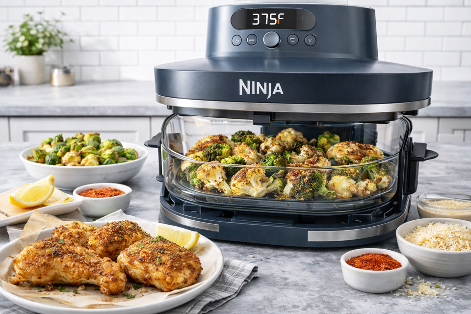 Ninja Crispi air fryer cooking golden, crispy roasted vegetables on a kitchen counter.