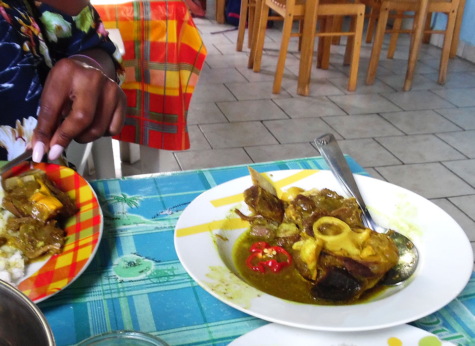 Curry goat dish at Restaurant Les Pieds dans l’Eau, Guadeloupe