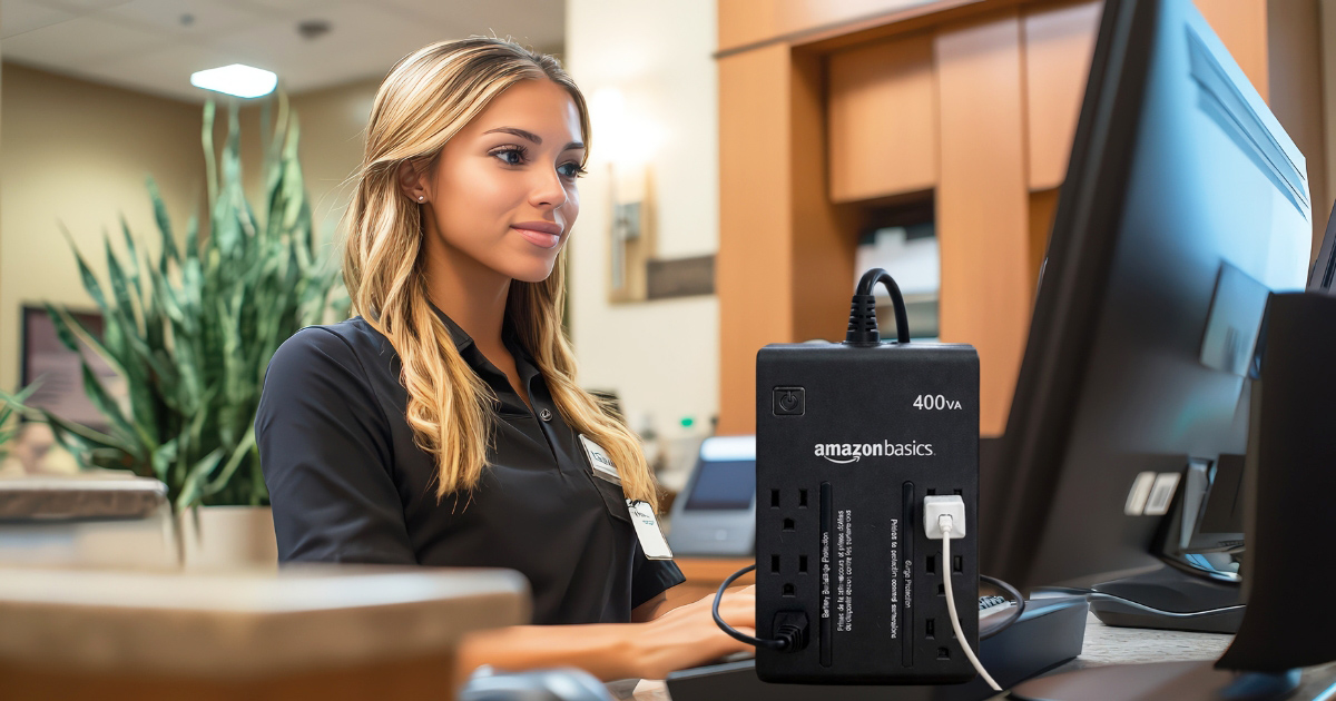 UPS battery backup and surge protector protecting home network, IoT devices, and home entertainment electronics