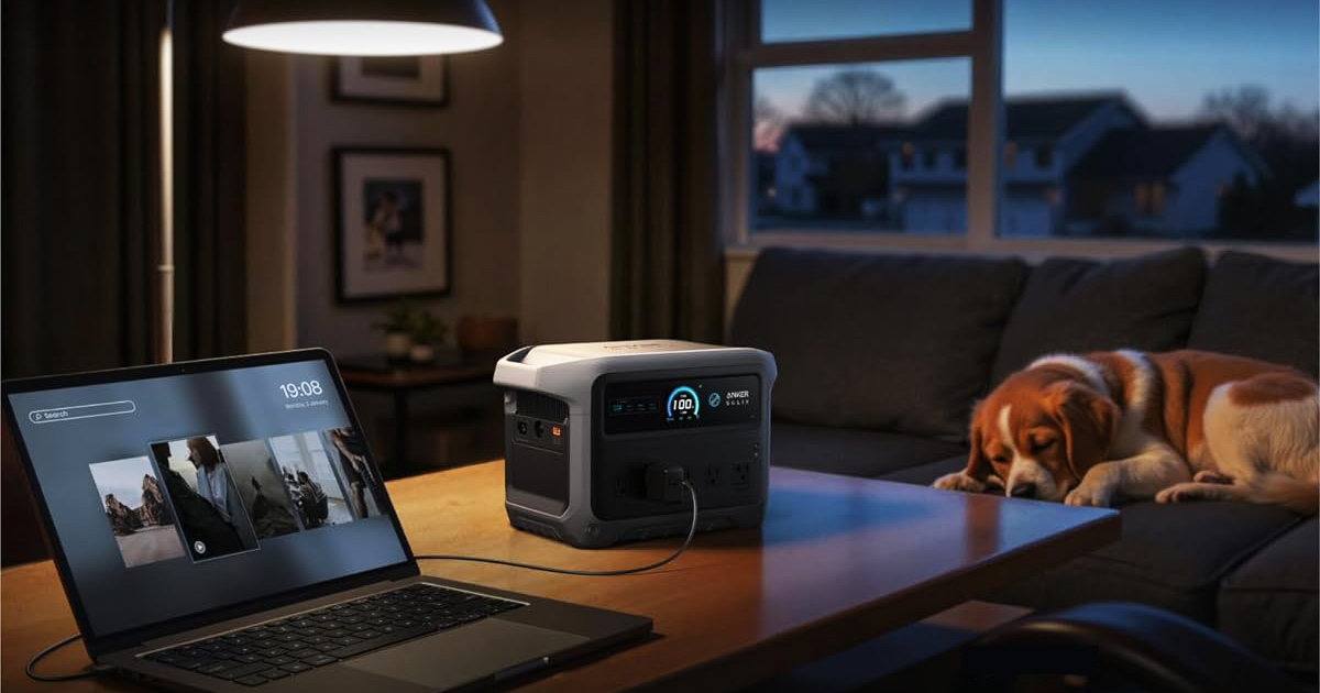 A premium Anker SOLIX portable power station charging a laptop on a wooden desk in a cozy, dimly lit living room at dusk, with a beagle sleeping peacefully on the sofa in the background.