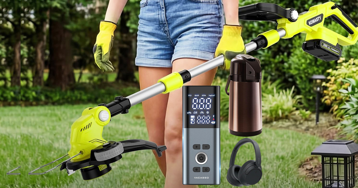 A collage of various consumer products displayed over a background of a person using a bright yellow Komasty brand string trimmer on a green lawn.