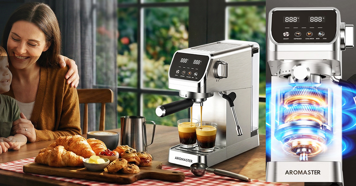 Aromaster espresso machine brewing two cups of espresso beside a family enjoying breakfast, with a close-up of the machine's heating system and stainless steel design.