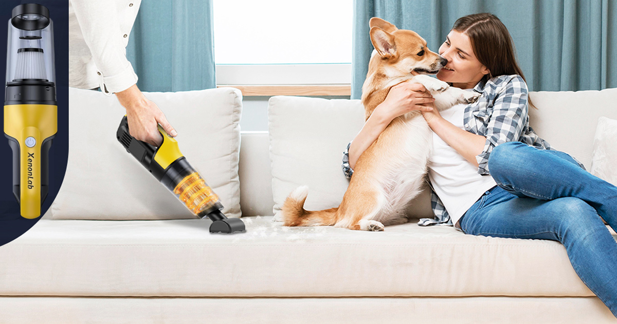 XenonLab cordless handheld vacuum cleaning a white sofa while a woman relaxes with her dog, with a close-up of the compact vacuum shown on the left.