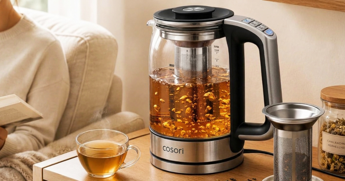 A product lifestyle photograph of a COSORI glass electric kettle with an internal tea infuser basket, actively boiling water on a wooden table. Nearby, there is a steaming cup of tea, an un-inserted stainless steel infuser, and a glass jar of dried loose-leaf tea.