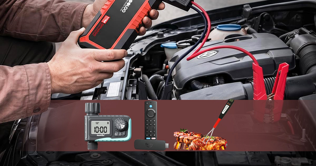 End-of-summer gadget deals featuring a 4000A car battery jump starter, programmable sprinkler water timer, Fire TV Stick 4K Max and digital meat thermometer fork for grilling