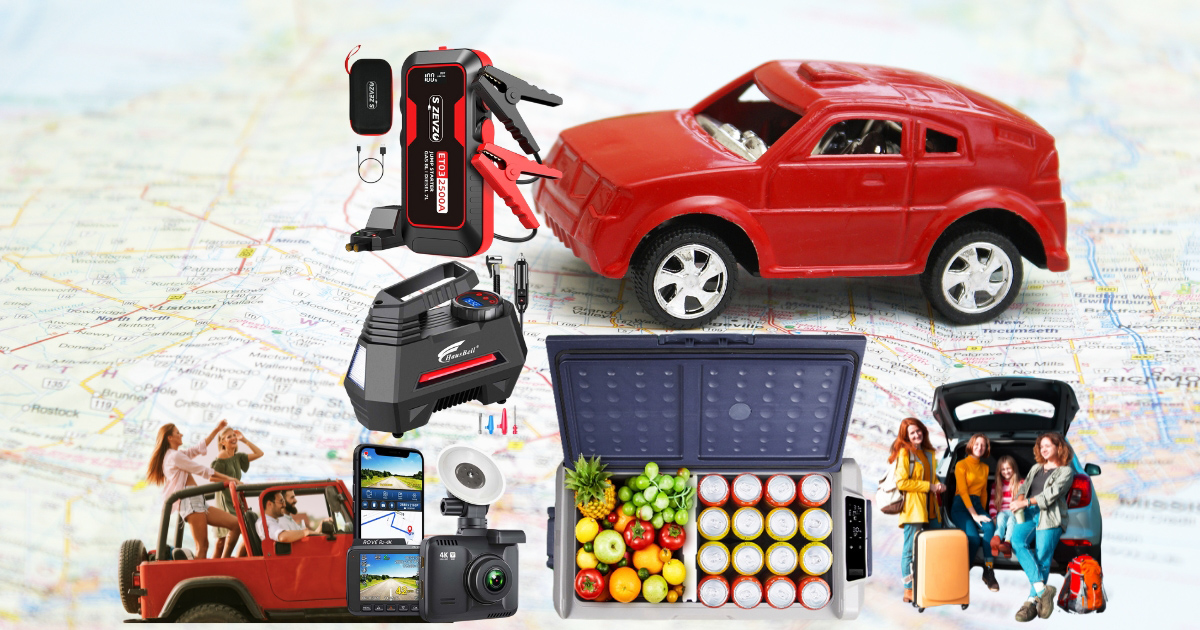 Family road trip car gadgets including portable refrigerator for travel, tire inflator, air compressor, dash cam, and dashboard phone holder set up inside a vehicle