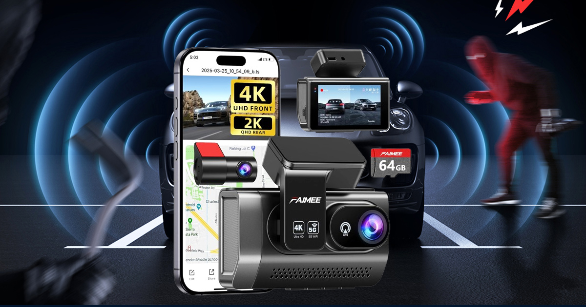 4K dual dash camera with front and rear recording, Wi-Fi connectivity, smartphone app support, parking monitoring, and 64GB memory card for safer road trips and everyday driving.