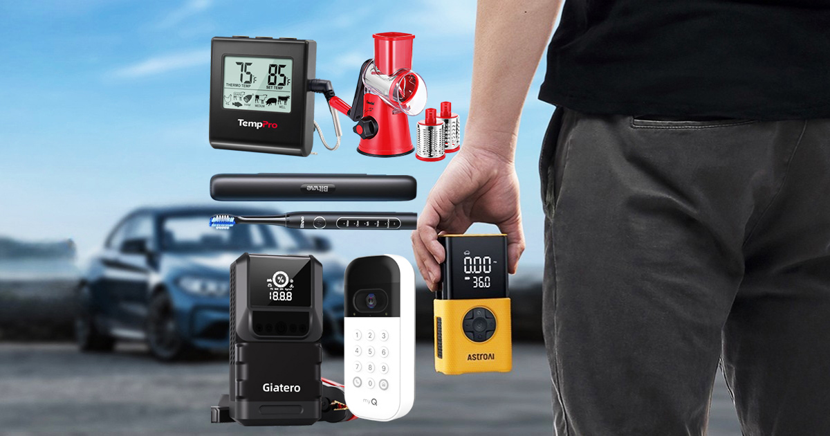 Collection of useful everyday gadgets with discounts, including a portable tire inflator, car jump starter, smart garage door video keypad, digital food thermometer, electric toothbrush, and kitchen grater with a car in the background.