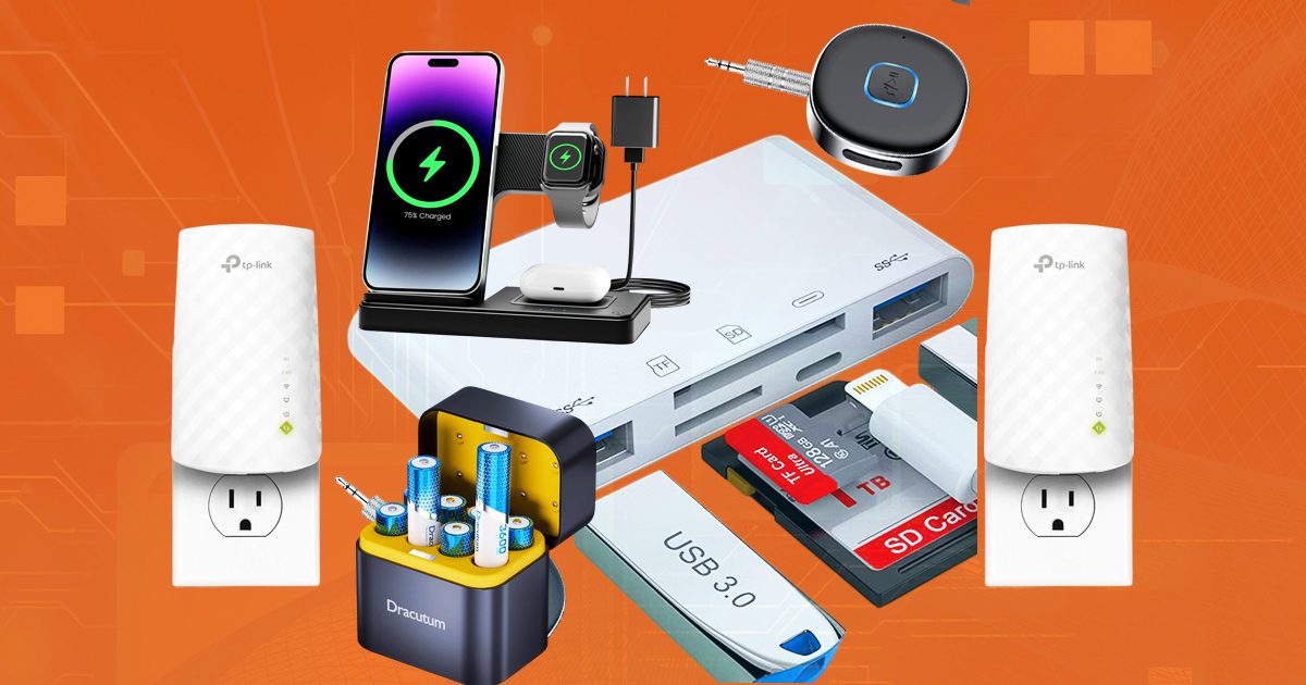 Amazon gadget deals featuring a wireless charging station, WiFi extenders, battery charger, USB hub, SD card reader, and wireless aux receiver on an orange background