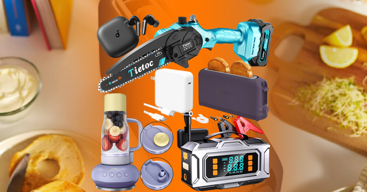 A vibrant collection of must-have tech and home gadgets for February, including a Tietoc mini chainsaw, a Bella purple slim toaster, a Ninja personal blender, a portable car jump starter with air compressor, and a MacBook Pro charger, all arranged over a warm, soulful kitchen setting.