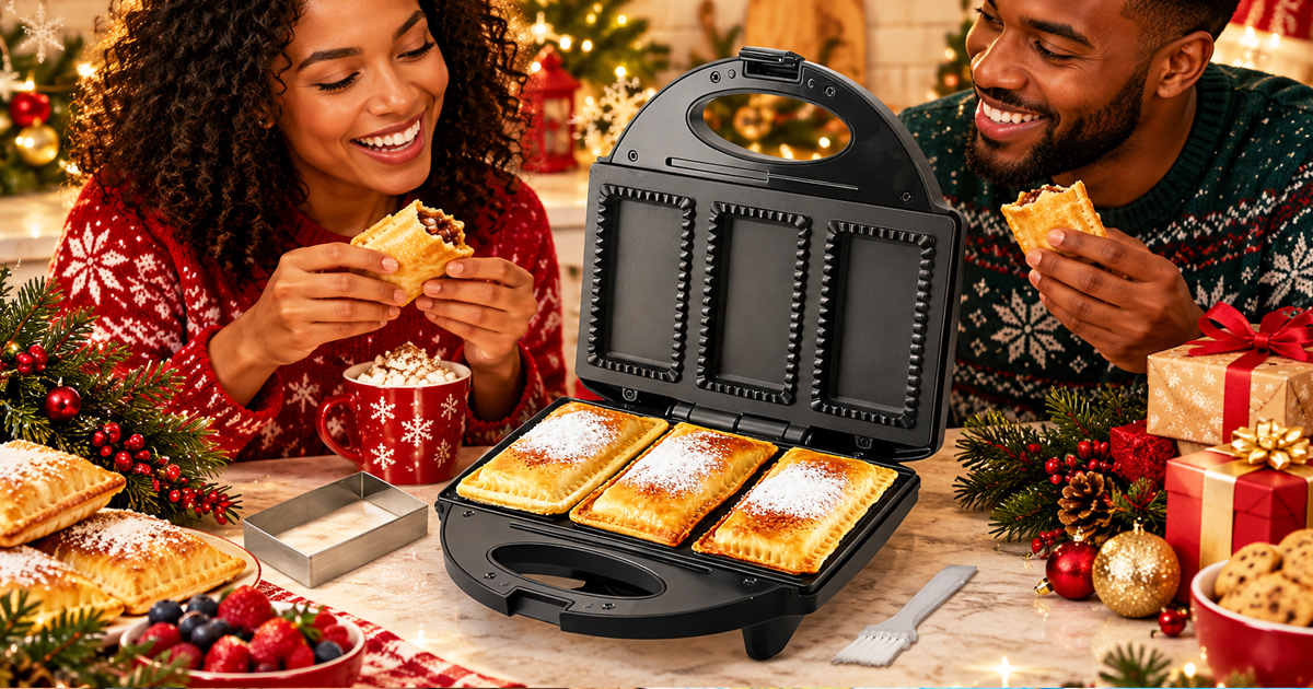 Finemade Electric Mini Pocket Pie Maker Machine with Crust Cutter displayed open in the center, holding three golden, powdered-sugar-dusted pocket pies. A happy couple in Christmas sweaters enjoys homemade pies, with one person holding a festive mug of hot chocolate. Christmas greenery, red and gold ornaments, wrapped gifts, cookies and warm twinkling lights create a cosy, joyful holiday kitchen scene.