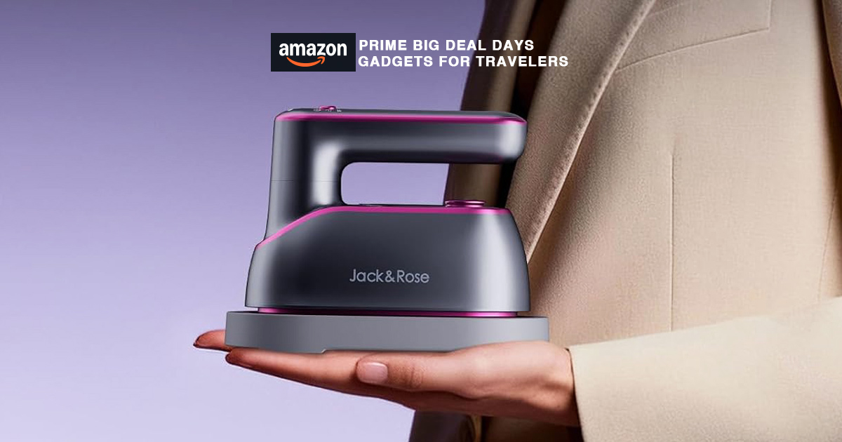 A person holding a compact Jack & Rose travel steamer iron, featuring an Amazon Prime Big Deal Days Gadgets for Travelers overlay.