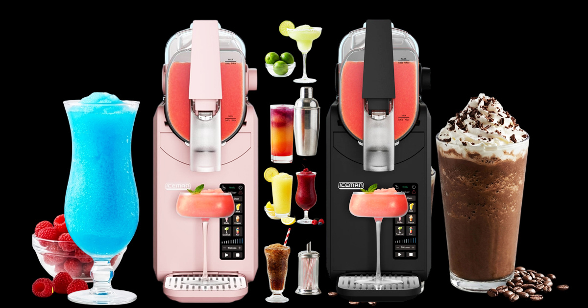 Iceman frozen drink maker in pink and black creating colorful slushies, margaritas, and milkshakes with assorted drinks and ingredients displayed around it