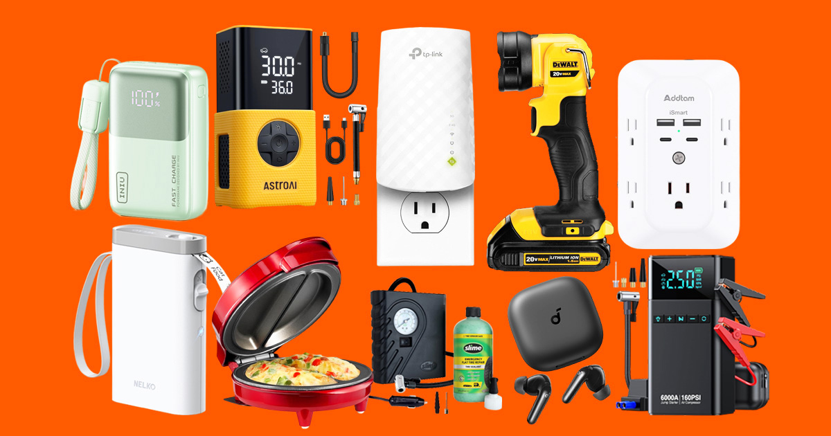 Various useful gadgets on an orange background, including a power bank, tire inflator, Wi-Fi extender, DeWalt flashlight, multi-plug outlet, label maker, omelet maker, wireless earbuds, and a car jump starter.