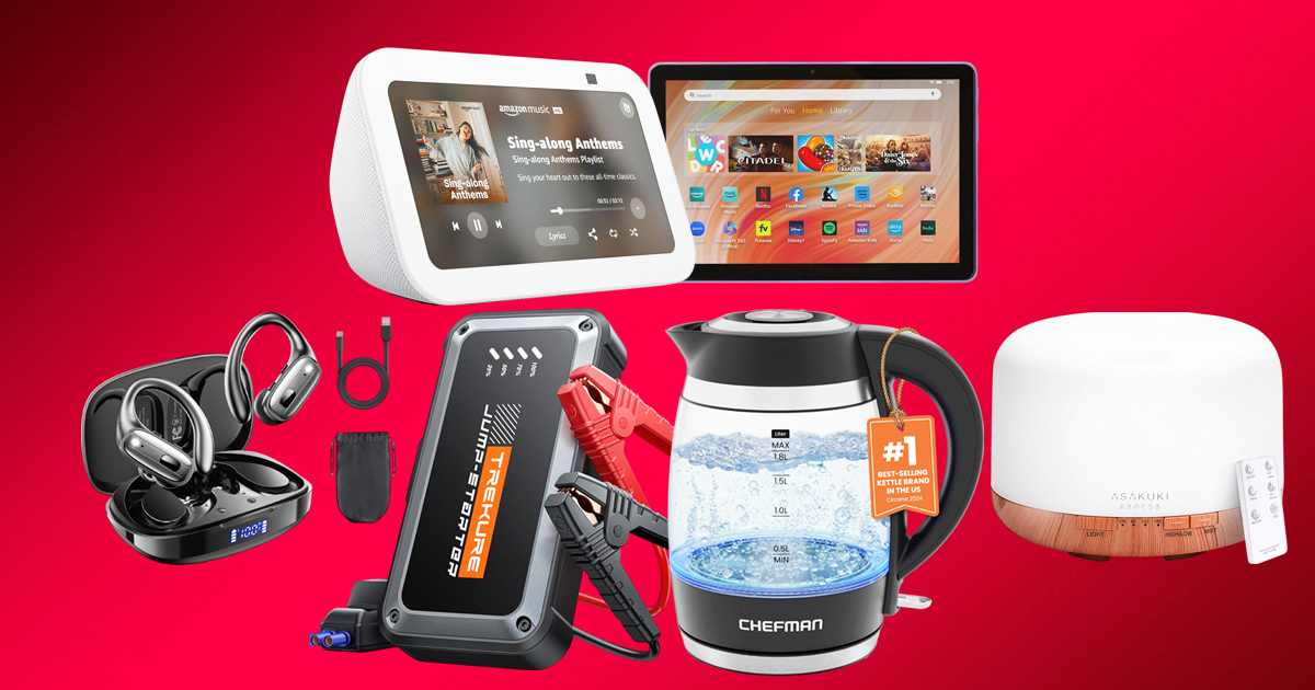 Different gadgets on a red background