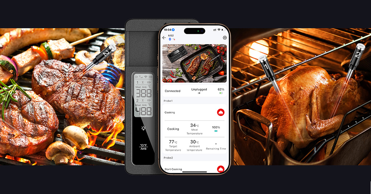 Wireless meat thermometer with dual probes shown monitoring steak on a grill and chicken in an oven, with a smartphone app displaying real-time temperature readings