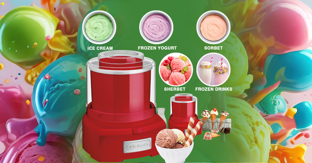 Red ice cream maker surrounded by colorful frozen treats including ice cream, frozen yogurt, sorbet, sherbet, and frozen drinks on a vibrant background