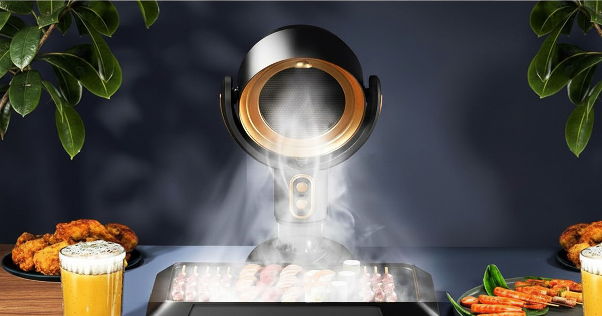 Portable Yoicee range hood removing smoke from tabletop cooking setup with food, drinks, and modern kitchen ambiance.