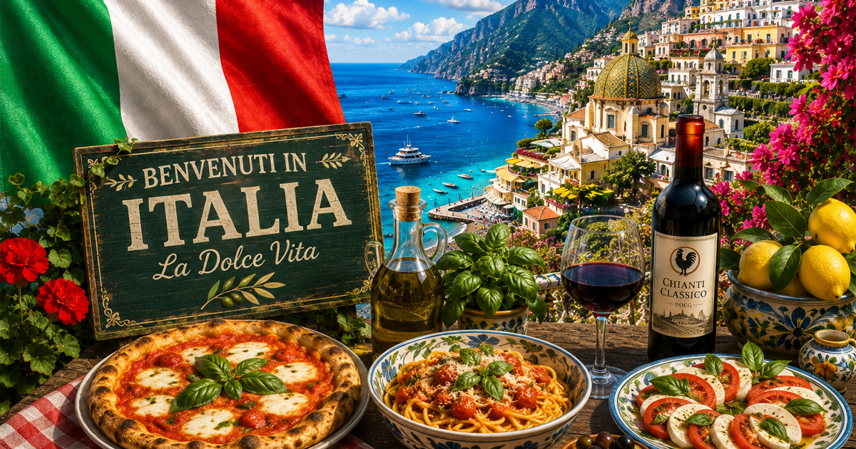 Italy travel intelligence graphic featuring the Italian flag, iconic Italian landmarks, Mediterranean scenery, traditional Italian cuisine, pasta, pizza, wine and cultural elements.